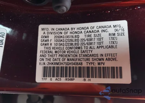 2016 Honda Cr-V Ex-L from USA, damaged, VIN 2HKRM3H75GH540648